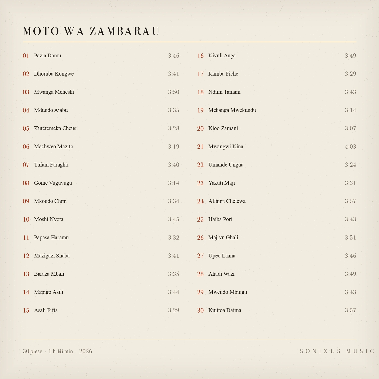 Moto wa Zambarau — tracklist