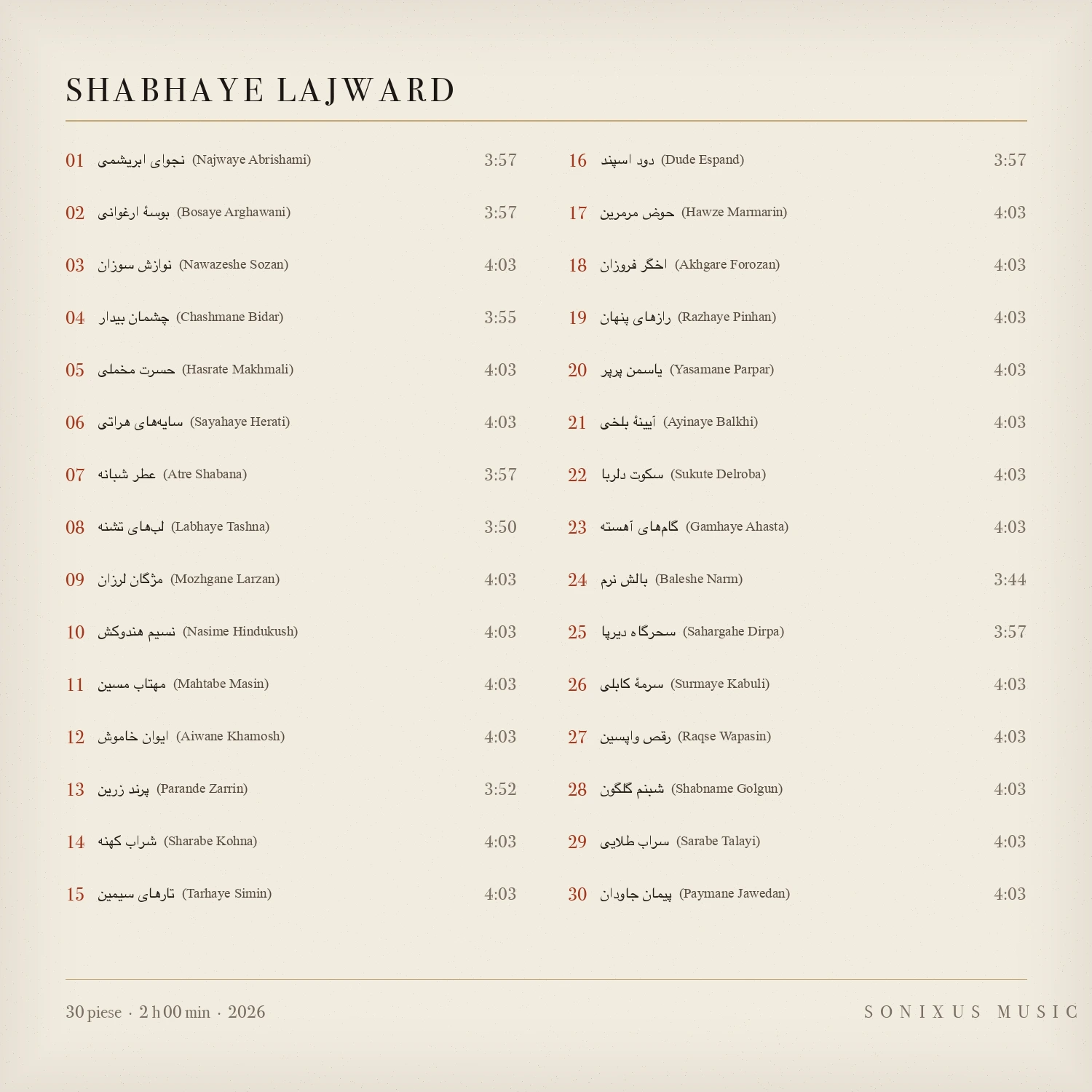 Shabhaye Lajward — tracklist