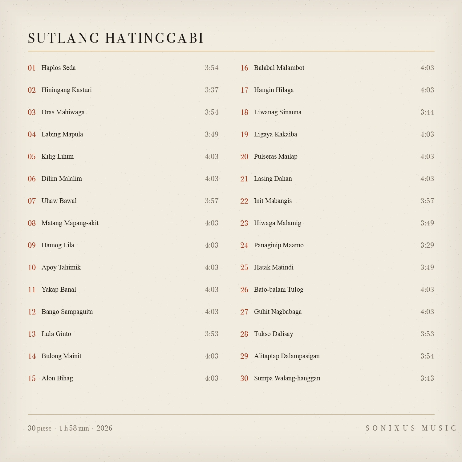 Sutlang Hatinggabi — tracklist