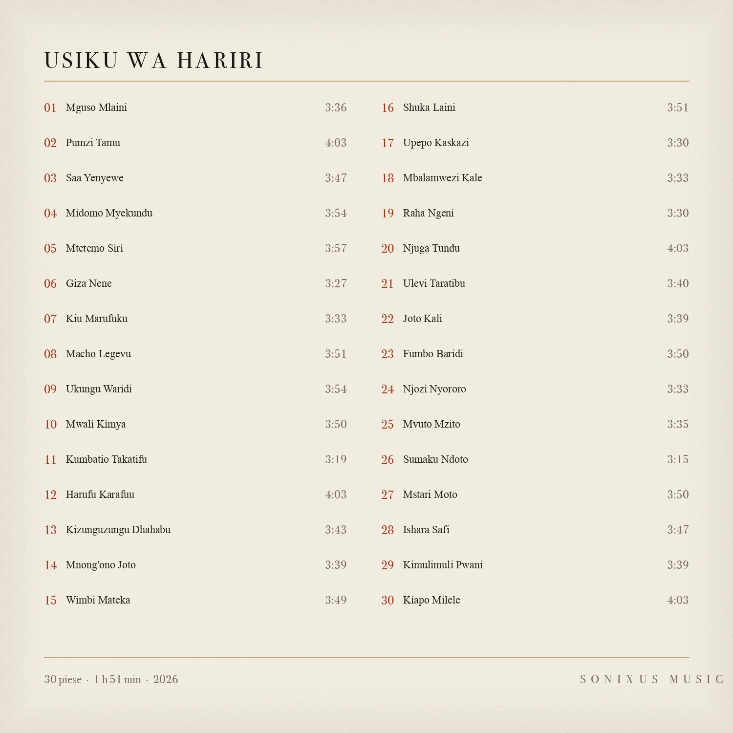 Usiku wa Hariri — tracklist